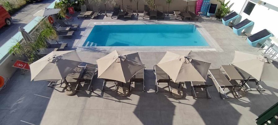 The pool and terrace seen from above