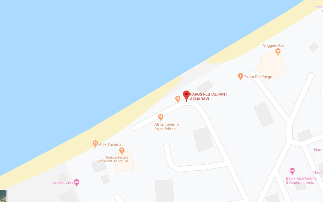 Map showing Faros Restaurant on the beach road in Acharavi