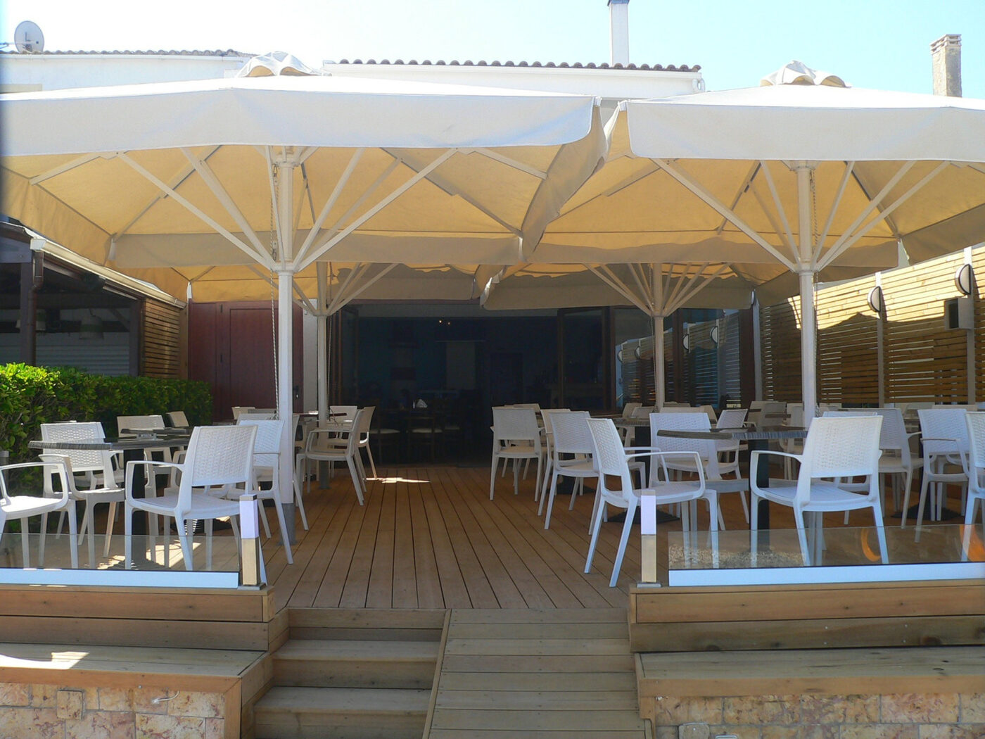 Shaded terrace seating in the afternoon